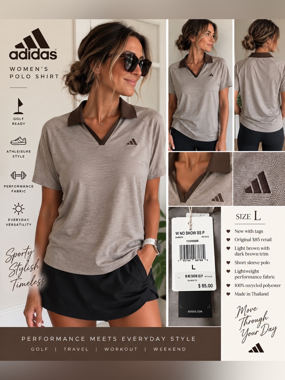 NWT adidas Women’s Light Brown Polo Shirt Size L Golf Tennis Athleisure